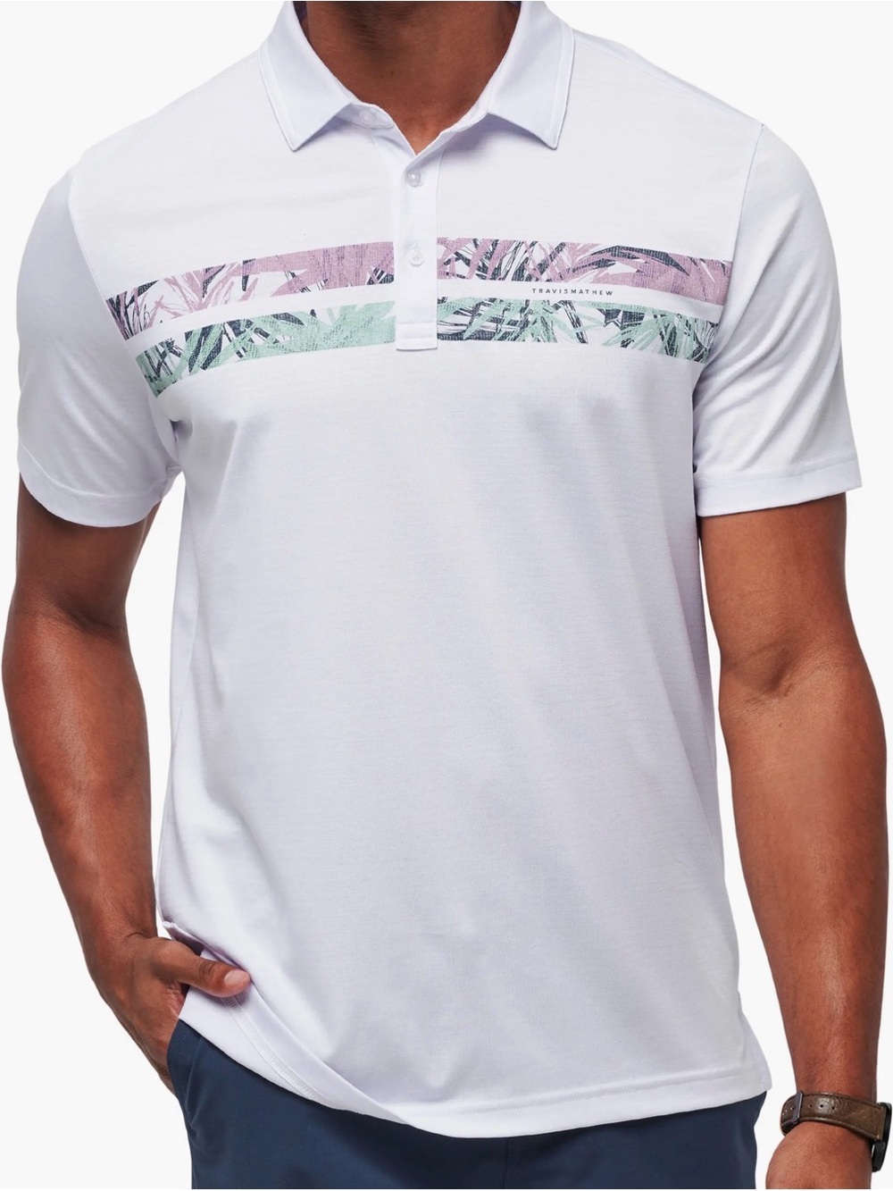 Travis Mathew Blue Palm-Leaf Chest Stripe Polo